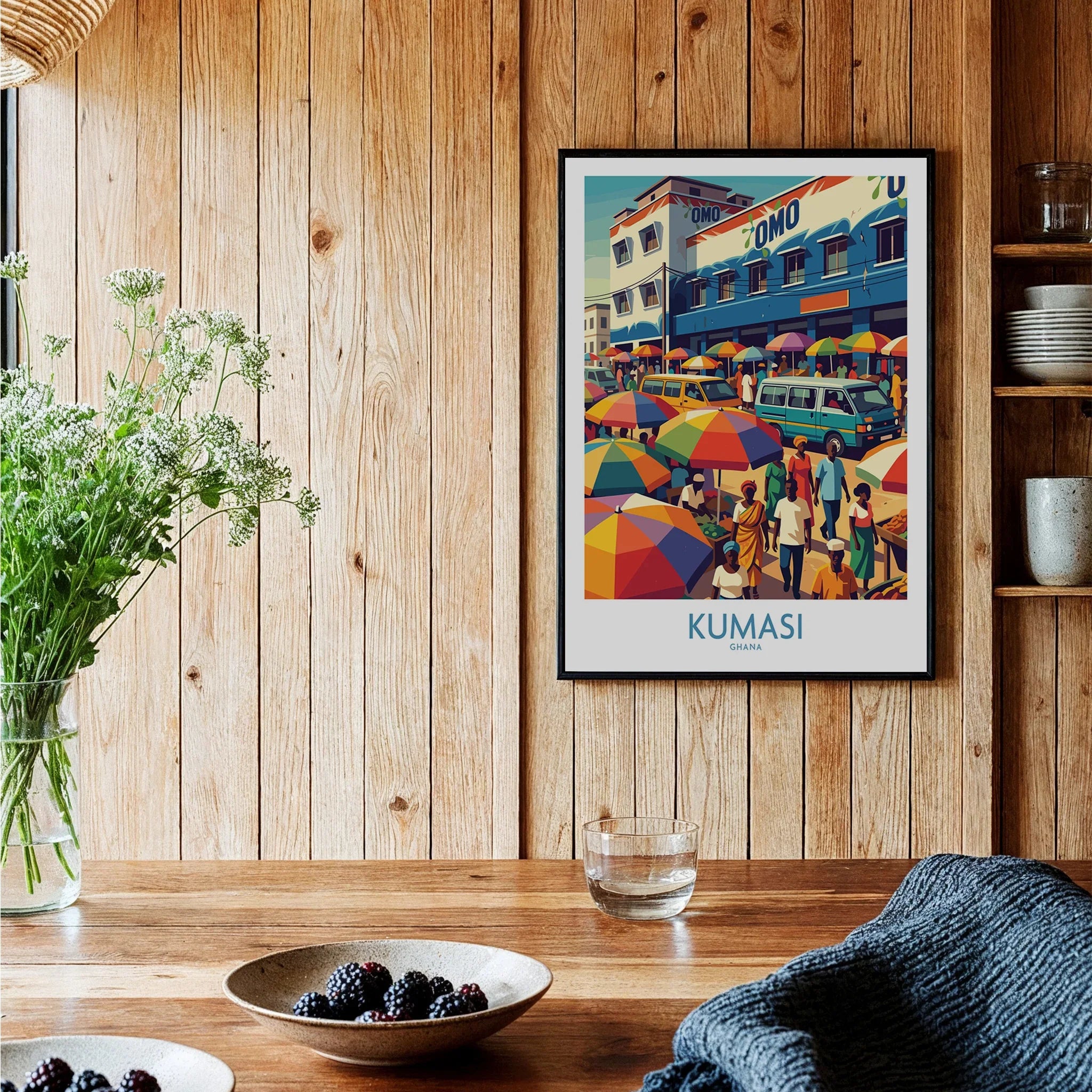 Kumasi Ghana Market Day Wall Art — black framed art print kitchen setting
