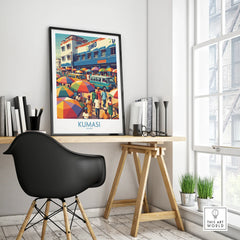 Kumasi Ghana Market Day Wall Art — framed poster black frame on office desk modern