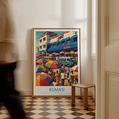 Kumasi Ghana Market Day Wall Art — framed canvas on floor man walking past