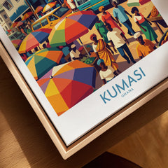 Kumasi Ghana Market Day Wall Art — closeup framed canvas natural wood floating frame