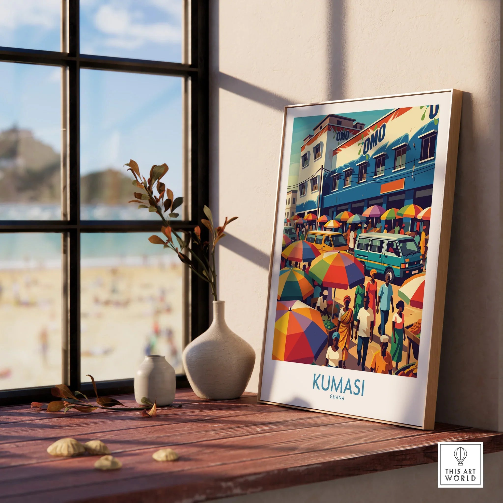 Kumasi Ghana Market Day Wall Art — framed print window view natural wood frame
