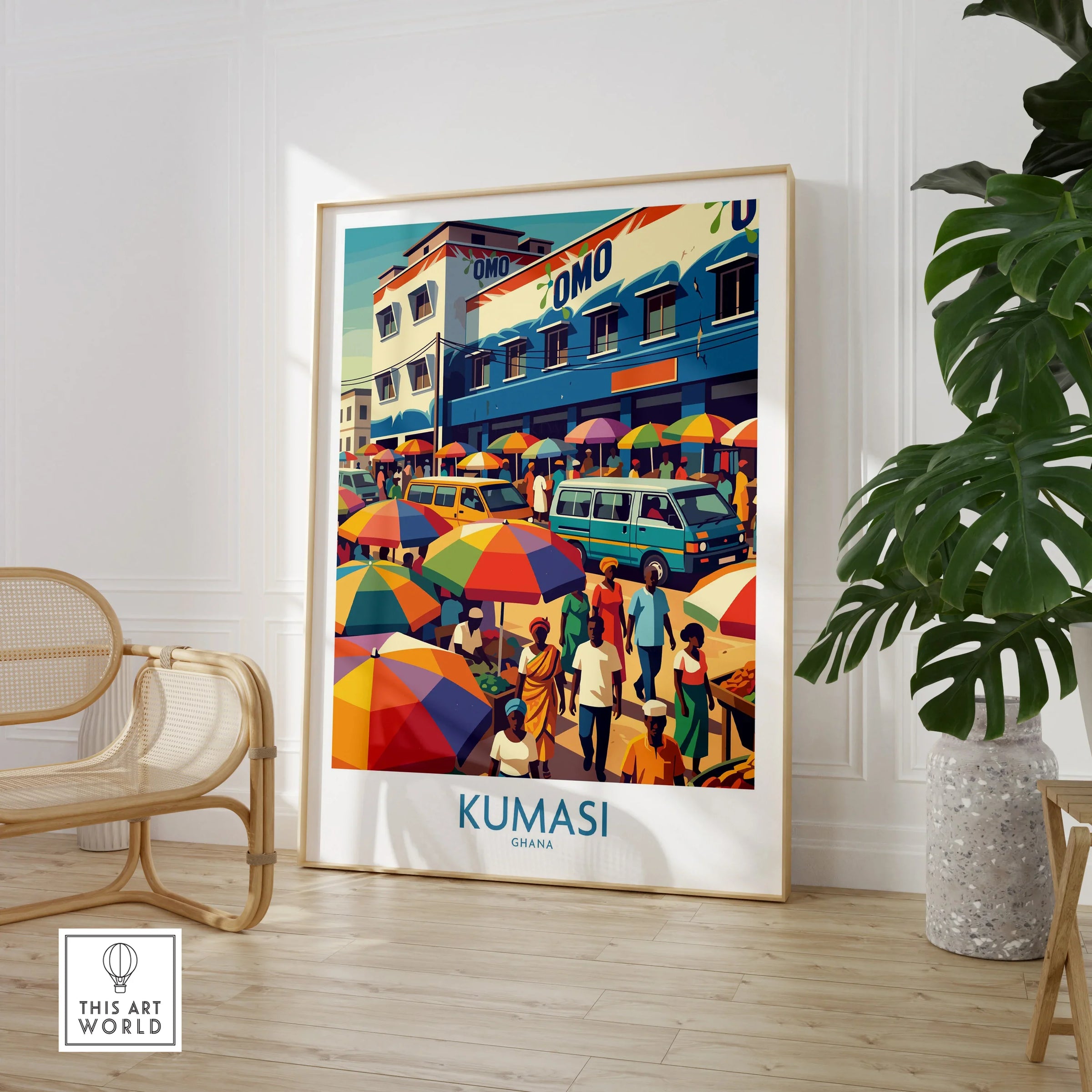 Kumasi Ghana Market Day Wall Art — large framed print room setting chair plant