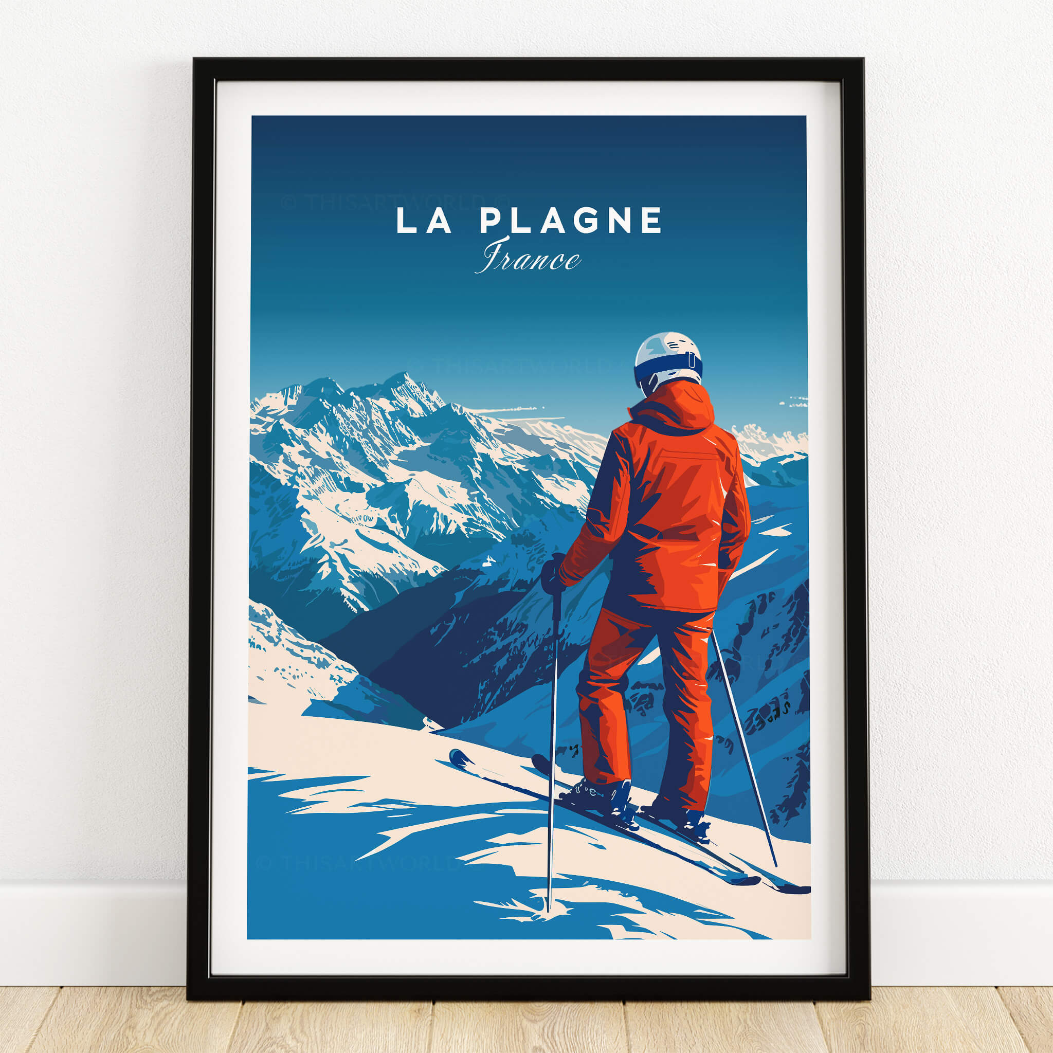 La Plagne Travel Poster showcasing a skier in the French Alps with breathtaking winter scenery.