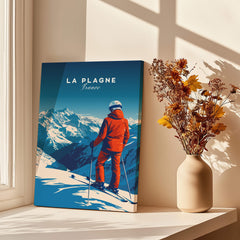 La Plagne Travel Poster featuring a skier in the French Alps, perfect décor for ski enthusiasts and adventure lovers.