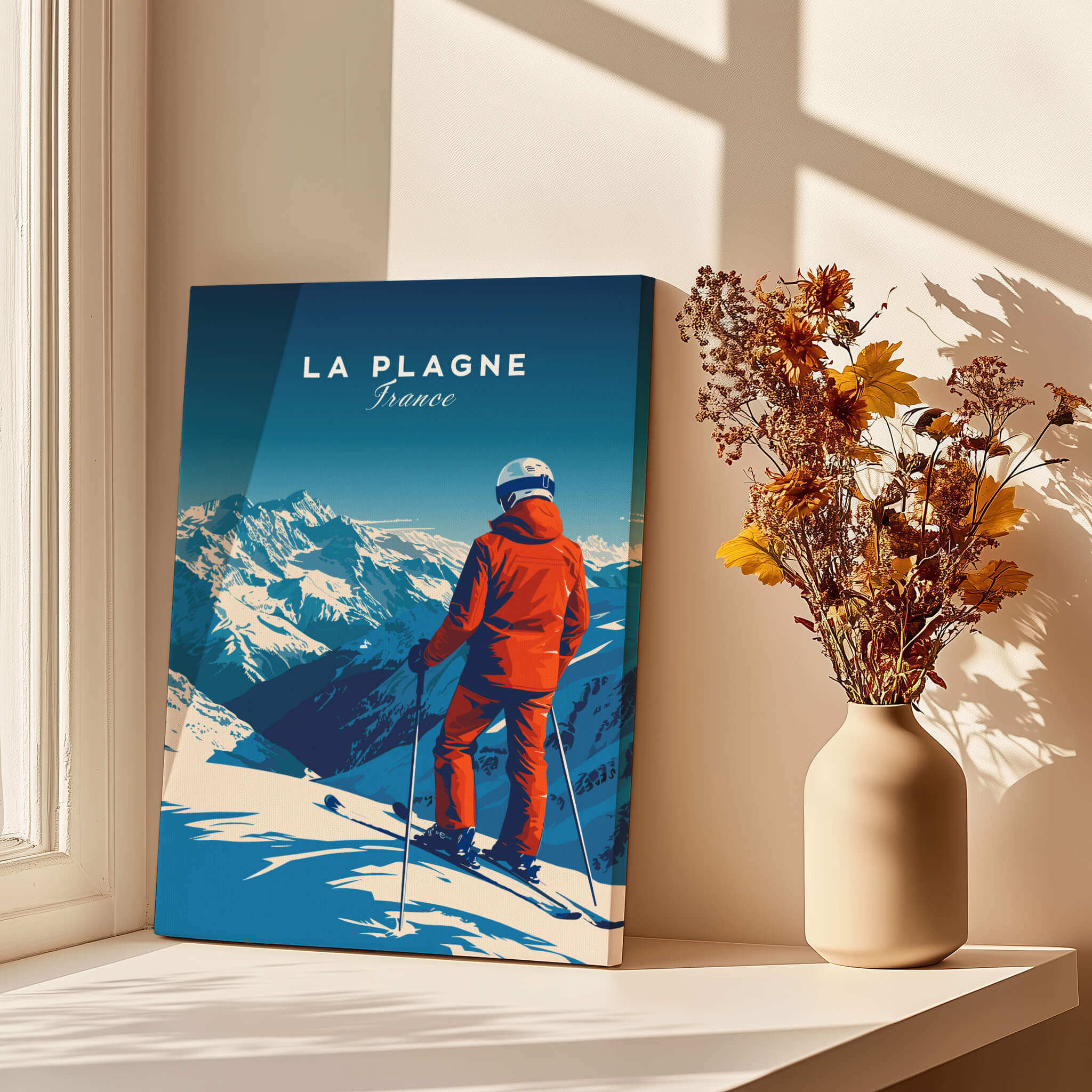 La Plagne Travel Poster featuring a skier in the French Alps, perfect décor for ski enthusiasts and adventure lovers.