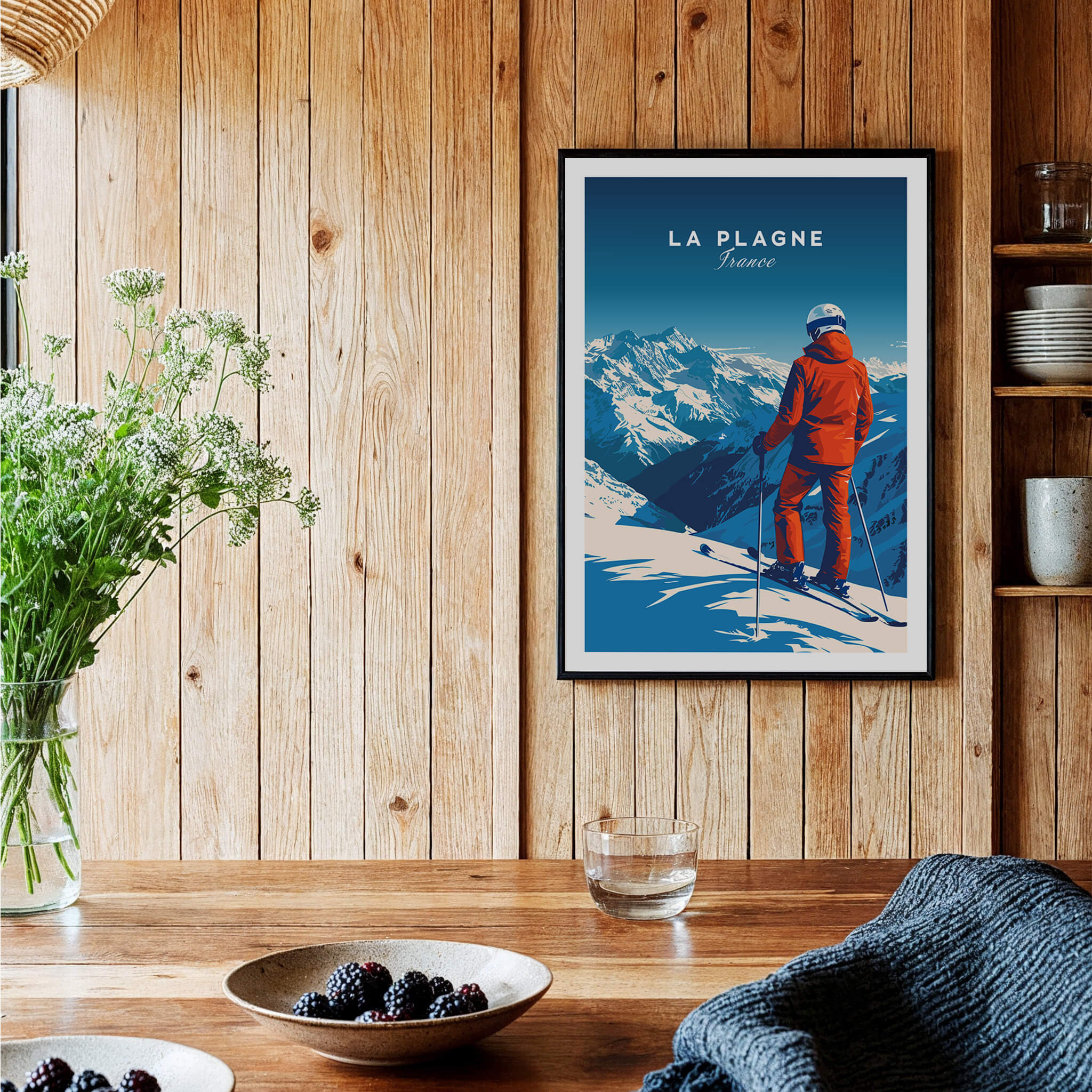 La Plagne Travel Poster showcasing a skier in the French Alps, perfect for inspiring ski adventures.