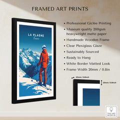 La Plagne Travel Poster, framed wall art showcasing the stunning snowy landscape and skier in the French Alps.
