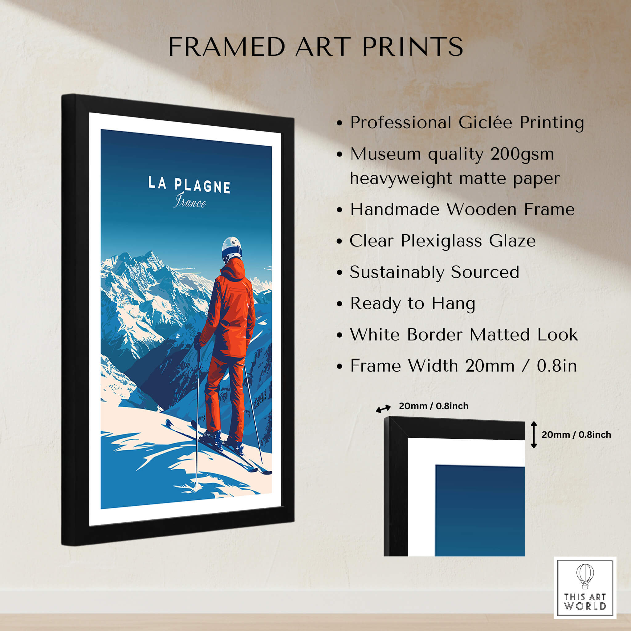 La Plagne Travel Poster, framed wall art showcasing the stunning snowy landscape and skier in the French Alps.