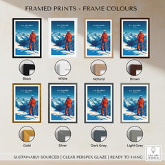 Framed La Plagne Travel Poster in various frame colors including black, white, natural, and brown, showcased on a wall.