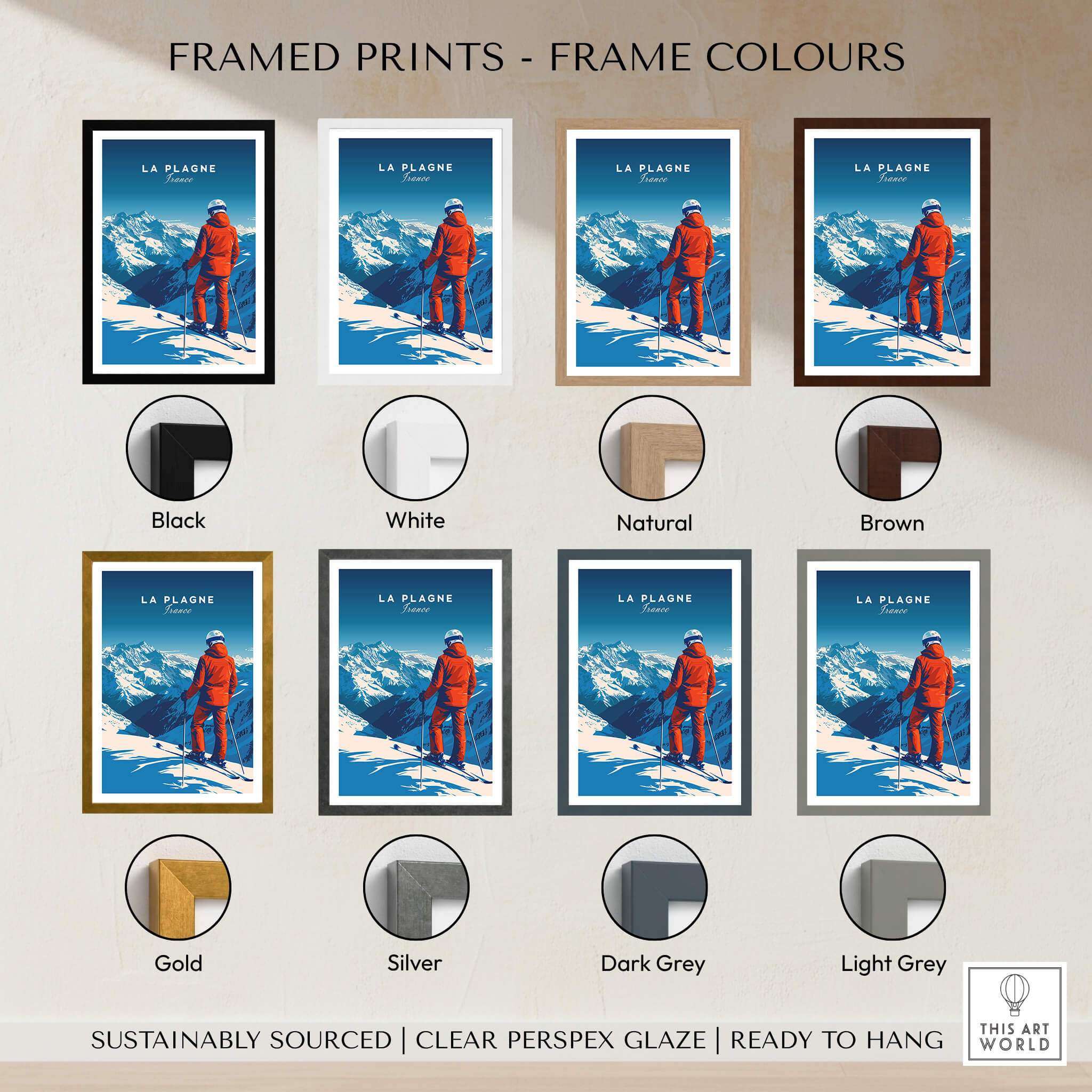 Framed La Plagne Travel Poster in various frame colors including black, white, natural, and brown, showcased on a wall.