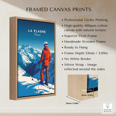 Framed La Plagne Travel Poster with skier in the French Alps, Giclée printing, ready to hang artwork.