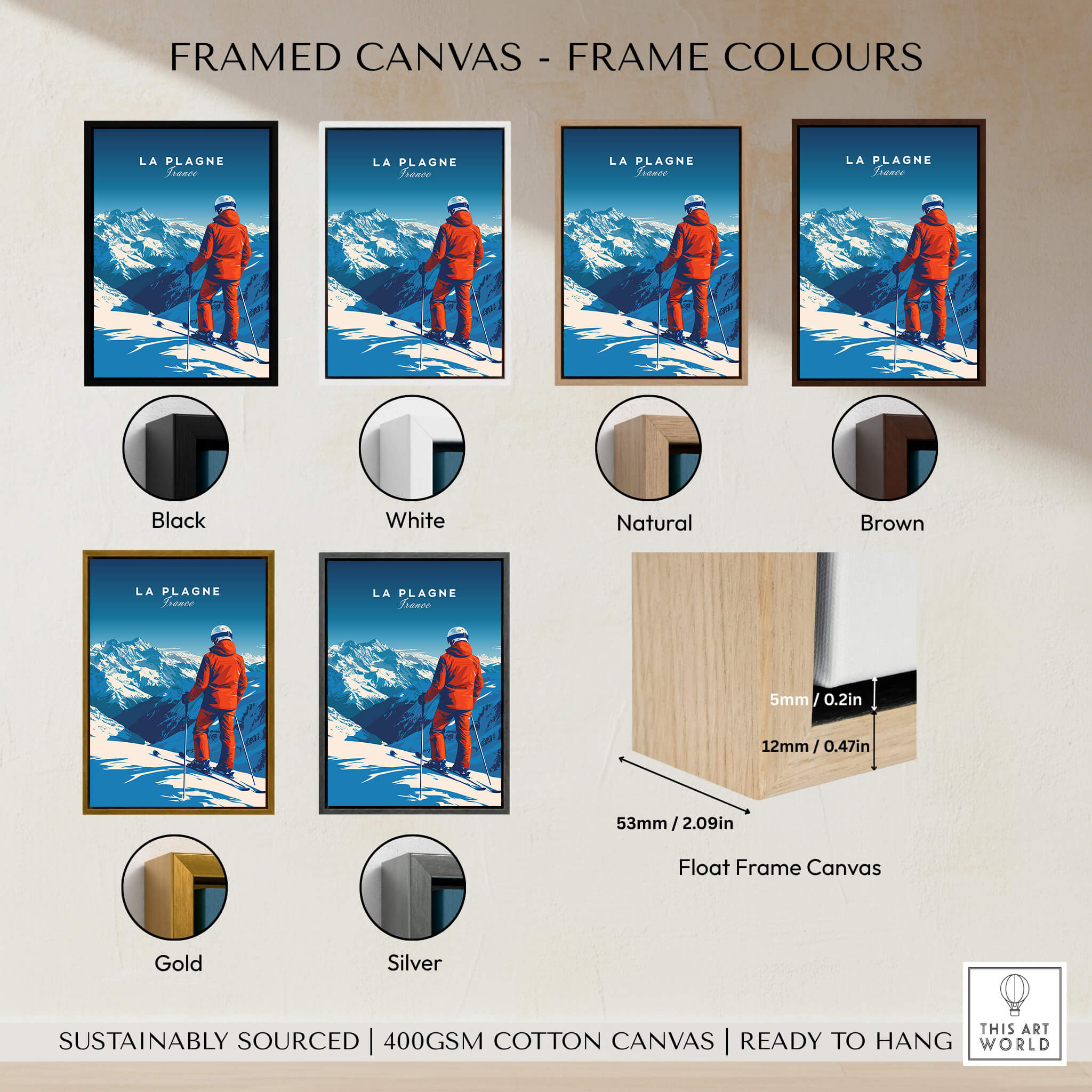 La Plagne Travel Poster framed canvas options in various colors including black, white, natural, brown, gold, and silver.