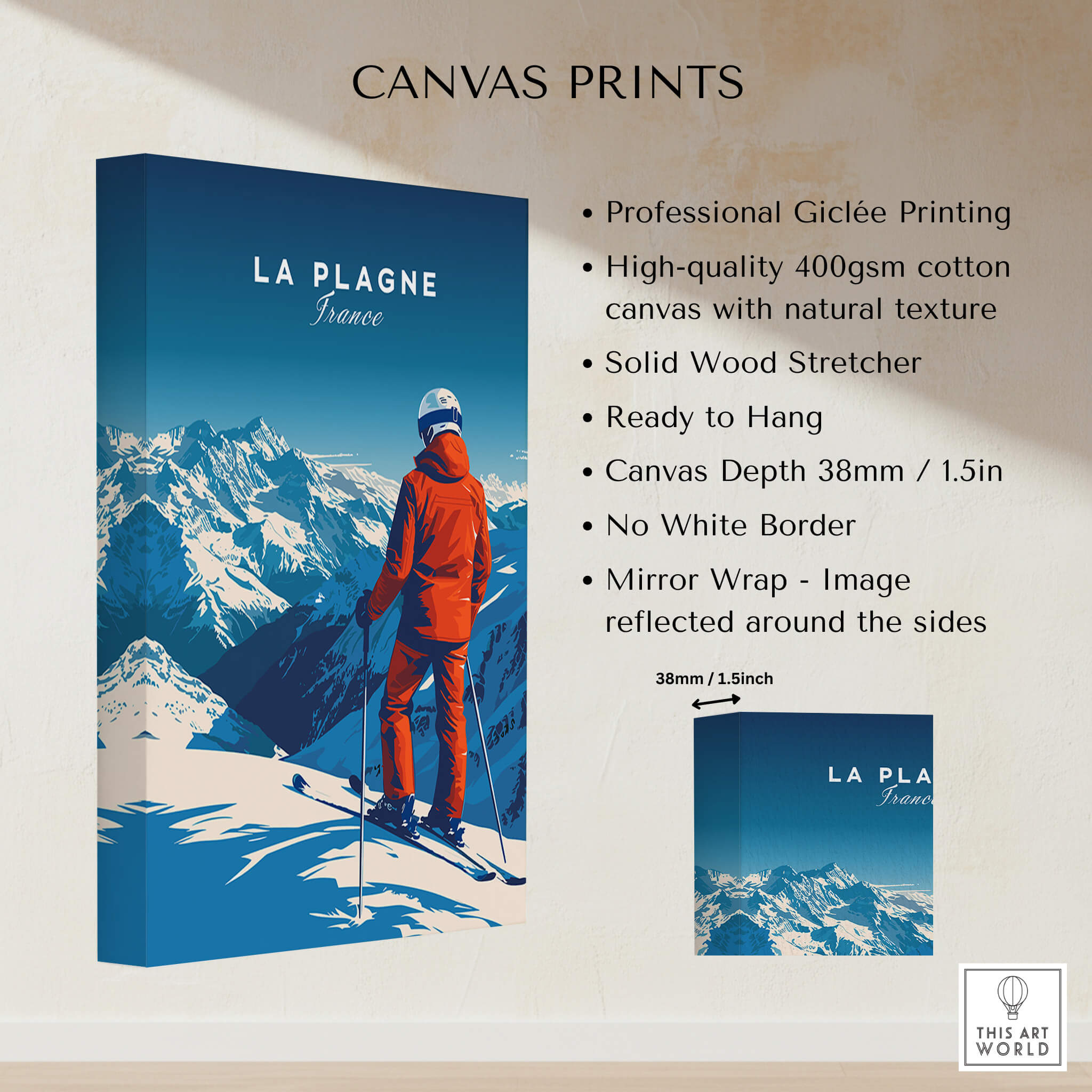La Plagne Travel Poster showcasing stunning winter landscapes and ski adventure in the French Alps.