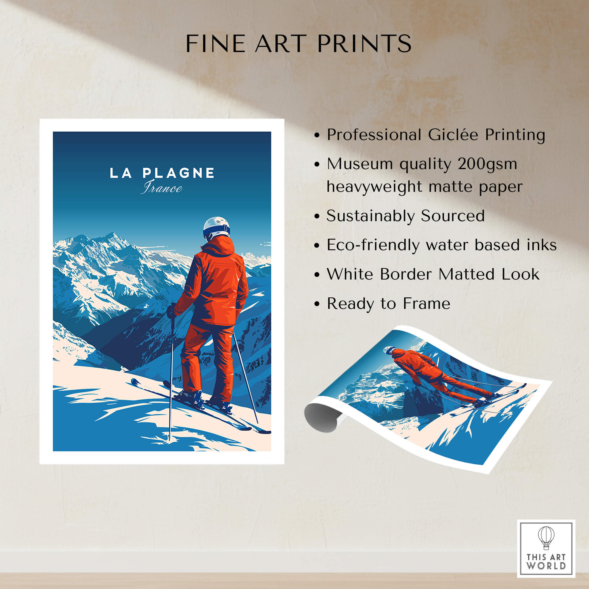 La Plagne Travel Poster featuring a skier in the French Alps, showcasing stunning mountain views and winter scenery.