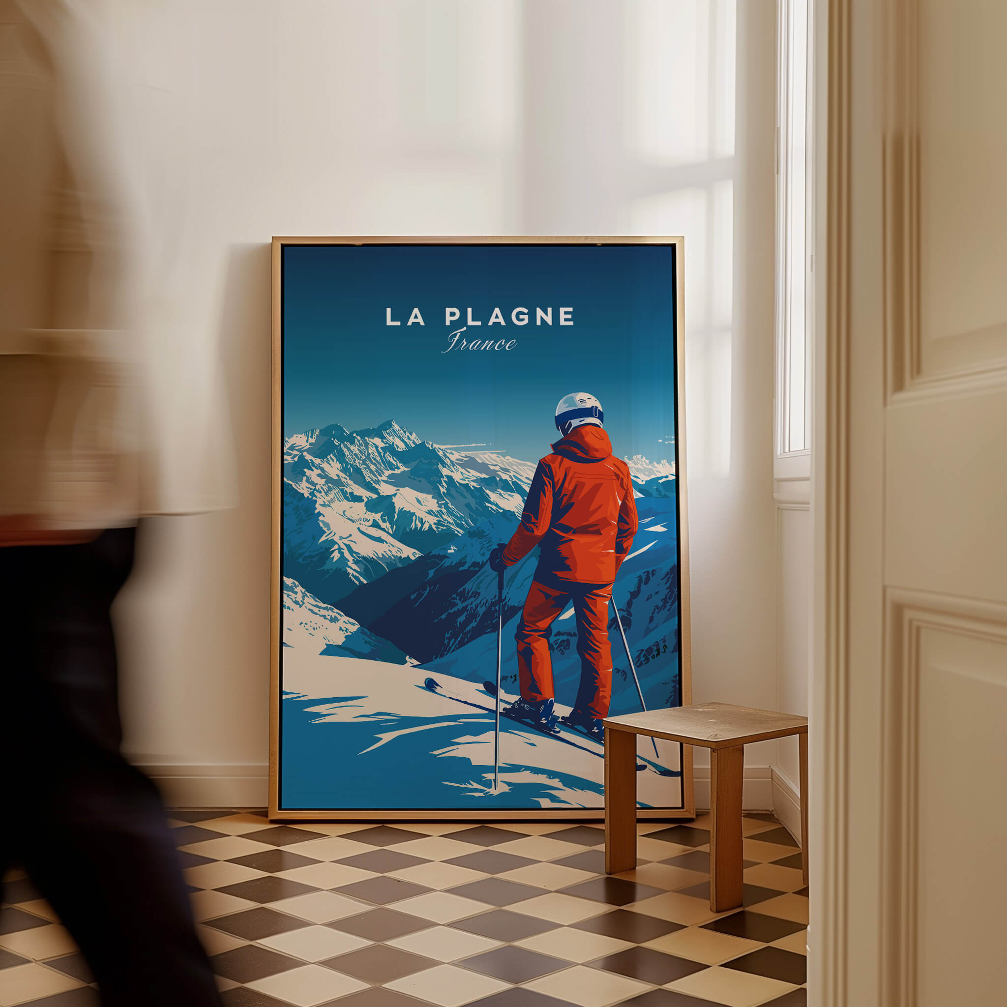 La Plagne Travel Poster showcasing stunning French Alps scenery and a skier in an indoor setting.