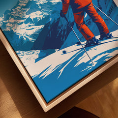 La Plagne Travel Poster featuring a skier on the slopes with stunning mountains in the background.