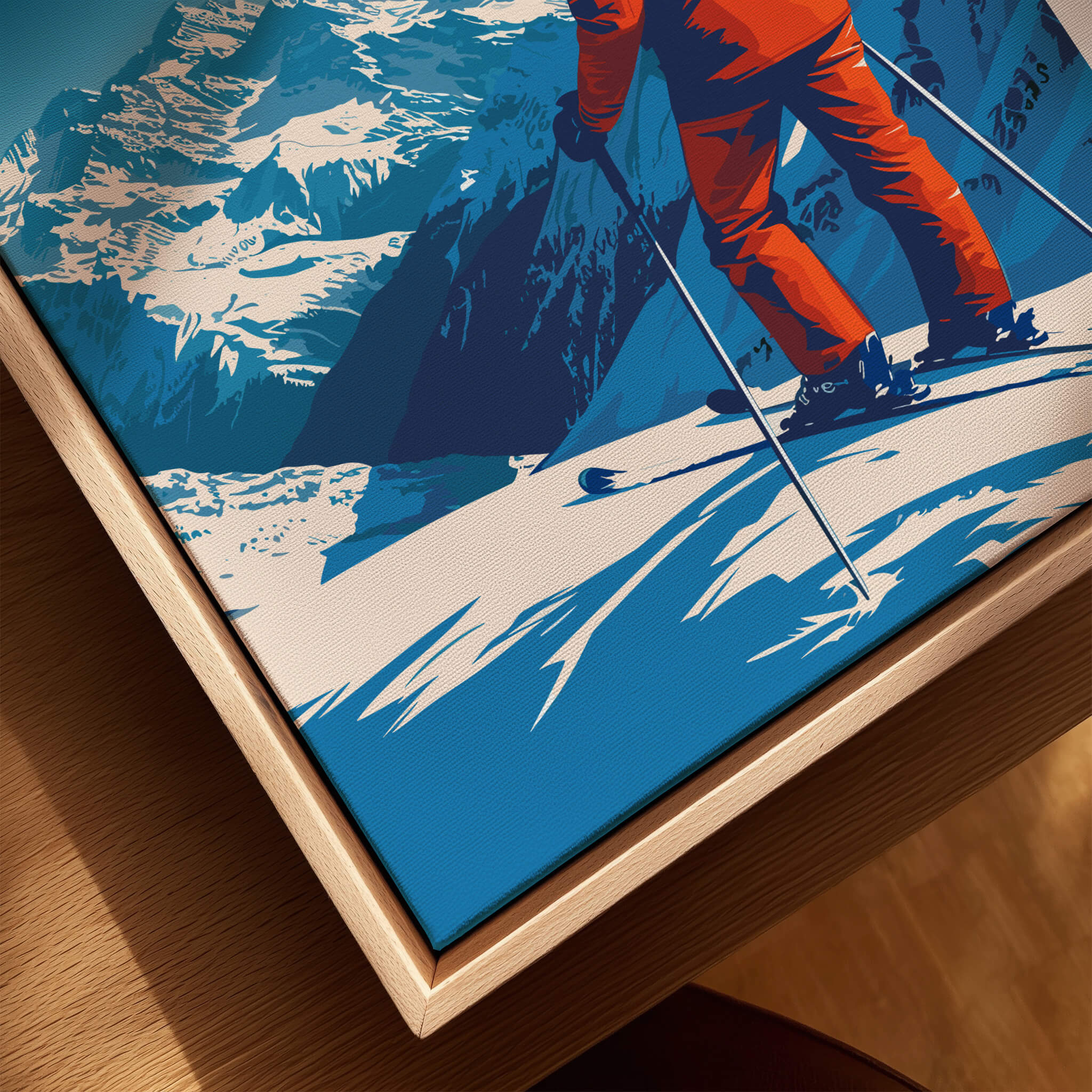 La Plagne Travel Poster featuring a skier on the slopes with stunning mountains in the background.