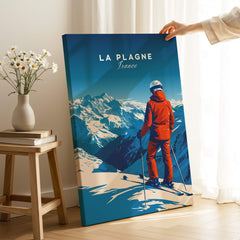 La Plagne Travel Poster showcasing a skier in the French Alps, perfect for winter adventure décor.