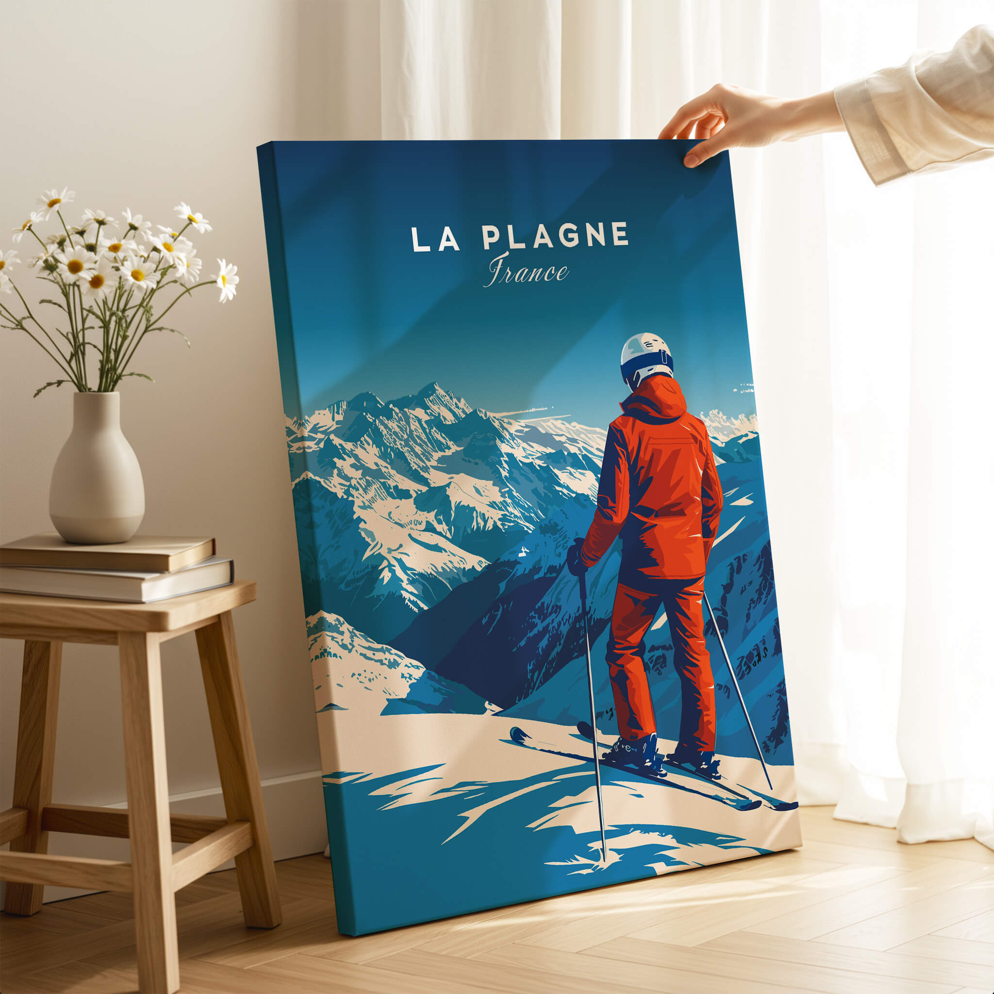 La Plagne Travel Poster showcasing a skier in the French Alps, perfect for winter adventure décor.