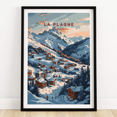 La Plagne Ski Poster featuring stunning alpine scenery and picturesque slopes in a beautifully framed print.
