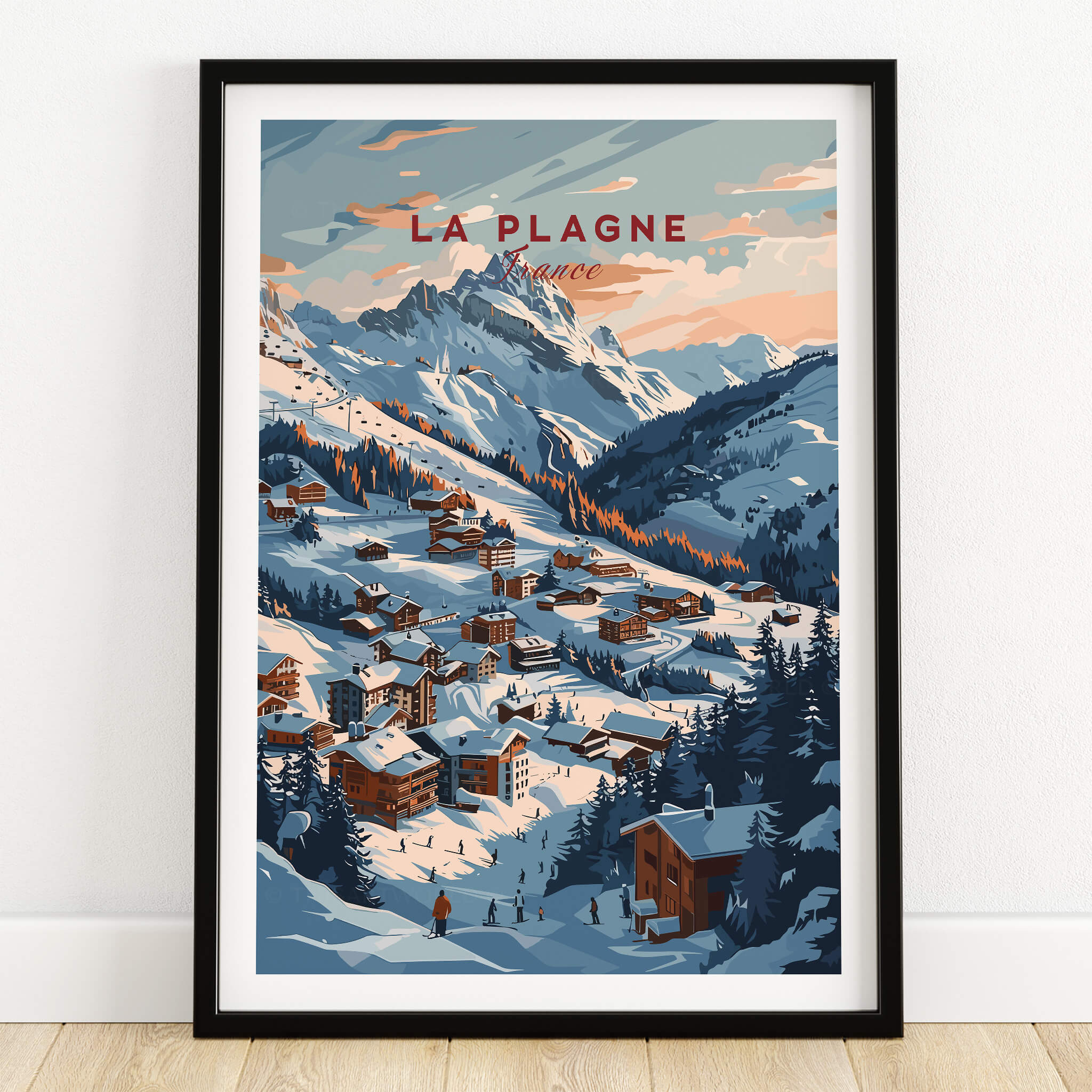 La Plagne Ski Poster featuring stunning alpine scenery and picturesque slopes in a beautifully framed print.
