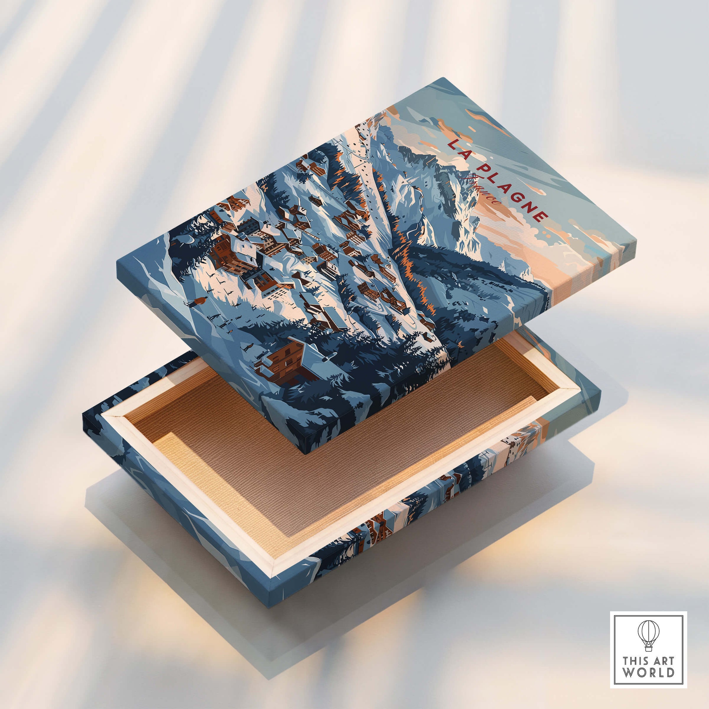 La Plagne Ski Poster design on a decorative box showcasing winter sports and picturesque mountain views.
