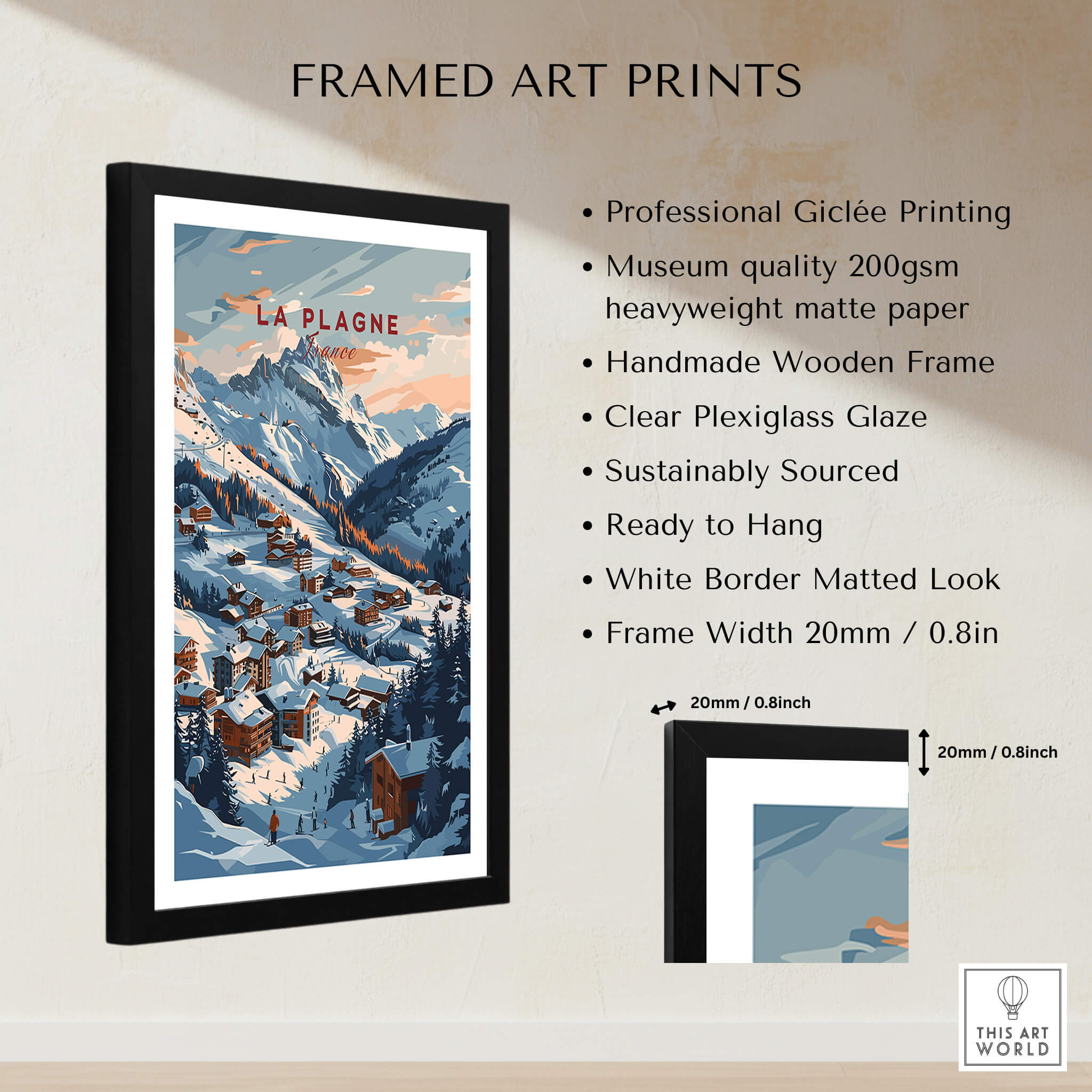 La Plagne Ski Poster showcasing framed art print with mountain view, perfect for winter sports enthusiasts.