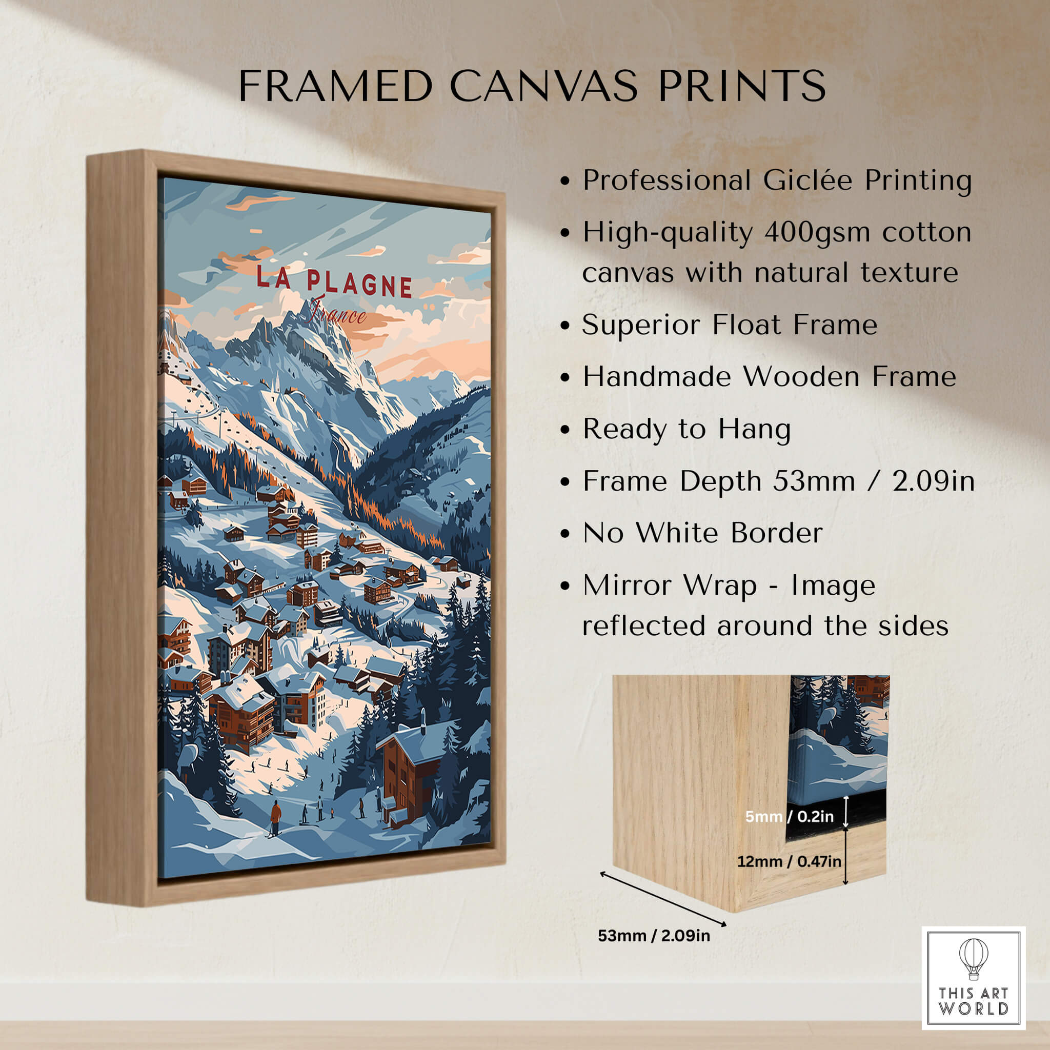 La Plagne Ski Poster framed canvas print featuring stunning mountain landscape and ready-to-hang design.