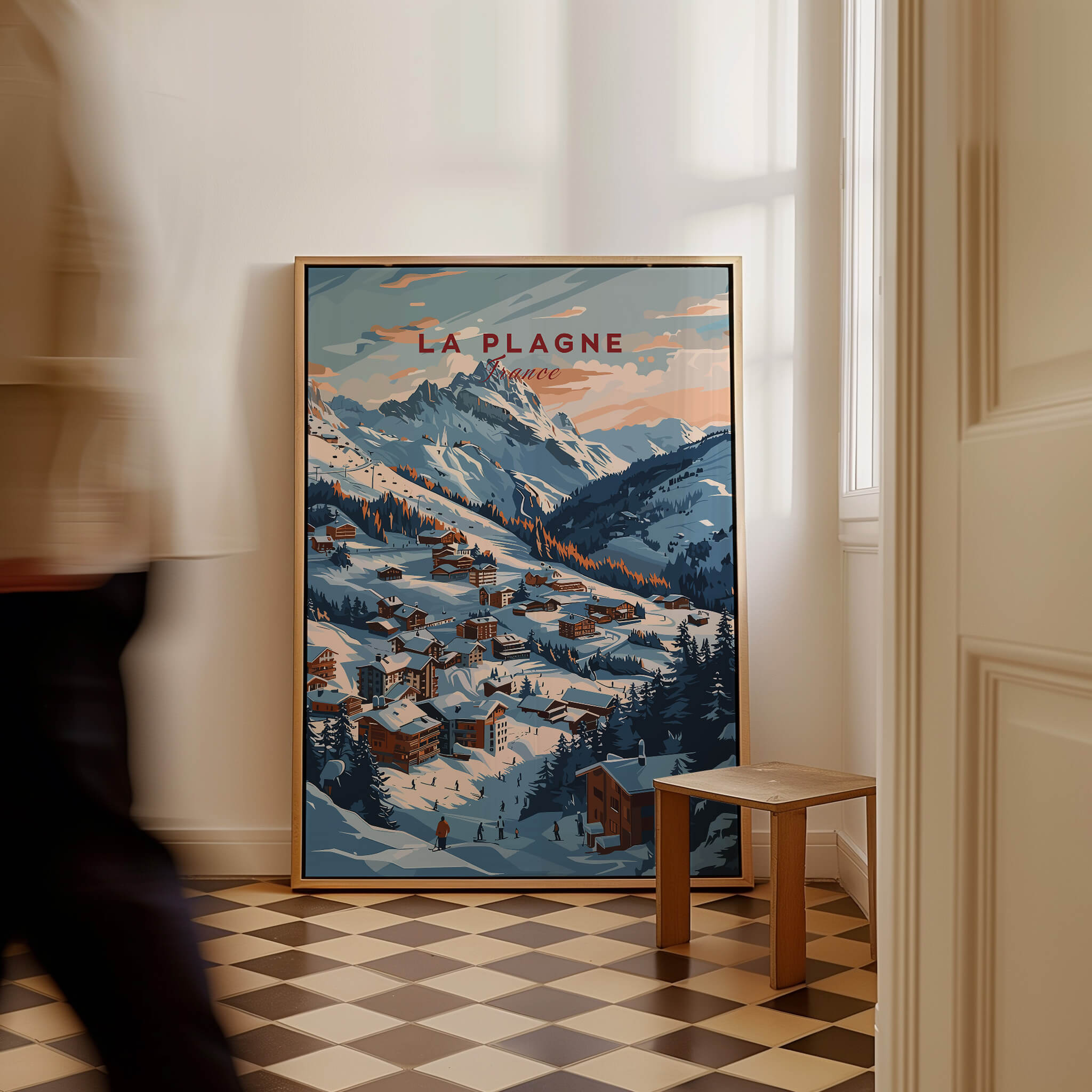 La Plagne Ski Poster featuring beautiful mountain slopes and a charming winter village in a stylish frame.