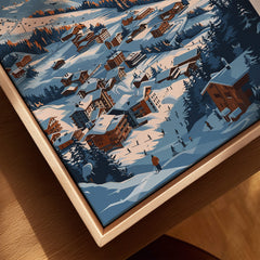 La Plagne Ski Poster showcasing snowy slopes and cozy chalets in a winter landscape with skiers enjoying the view.