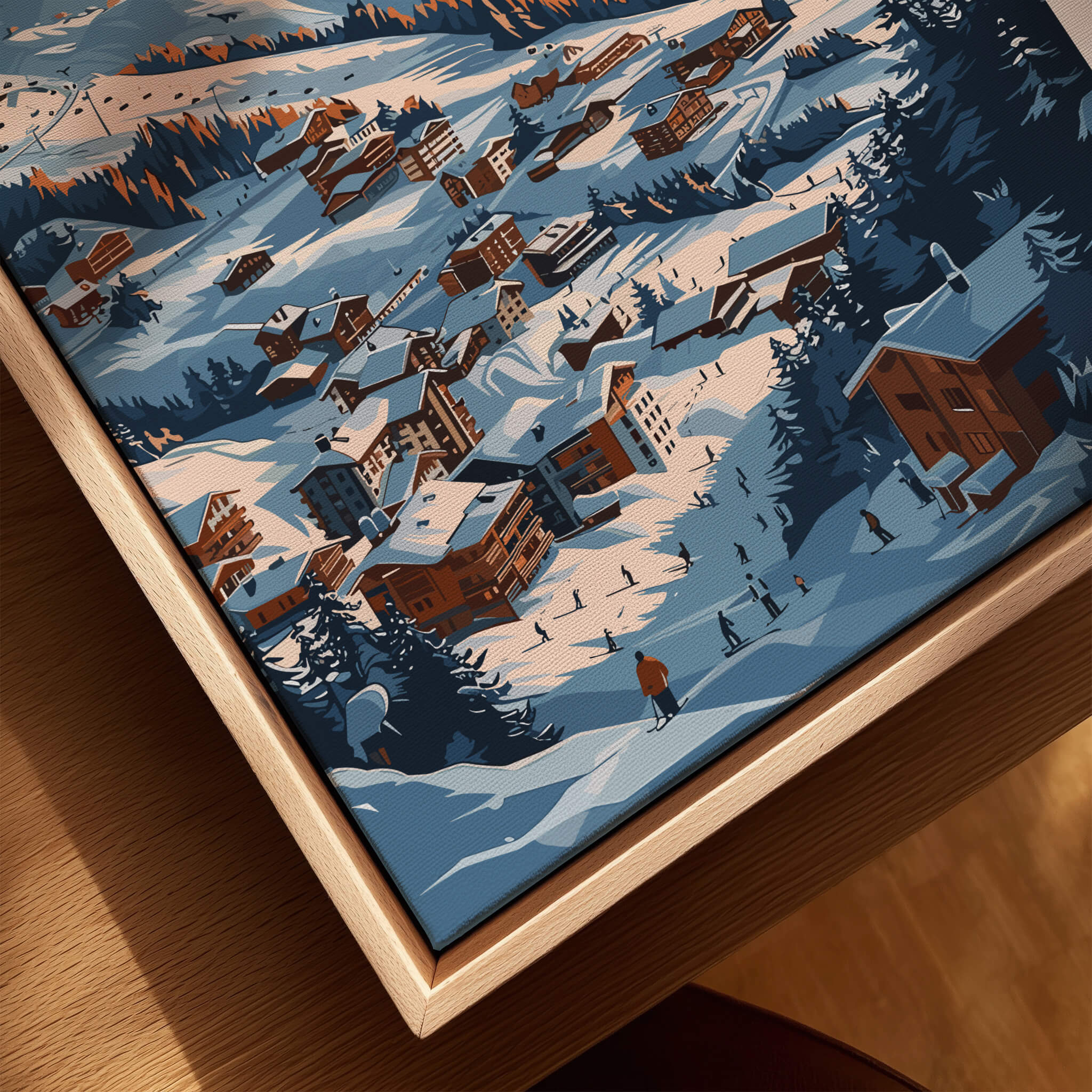 La Plagne Ski Poster showcasing snowy slopes and cozy chalets in a winter landscape with skiers enjoying the view.