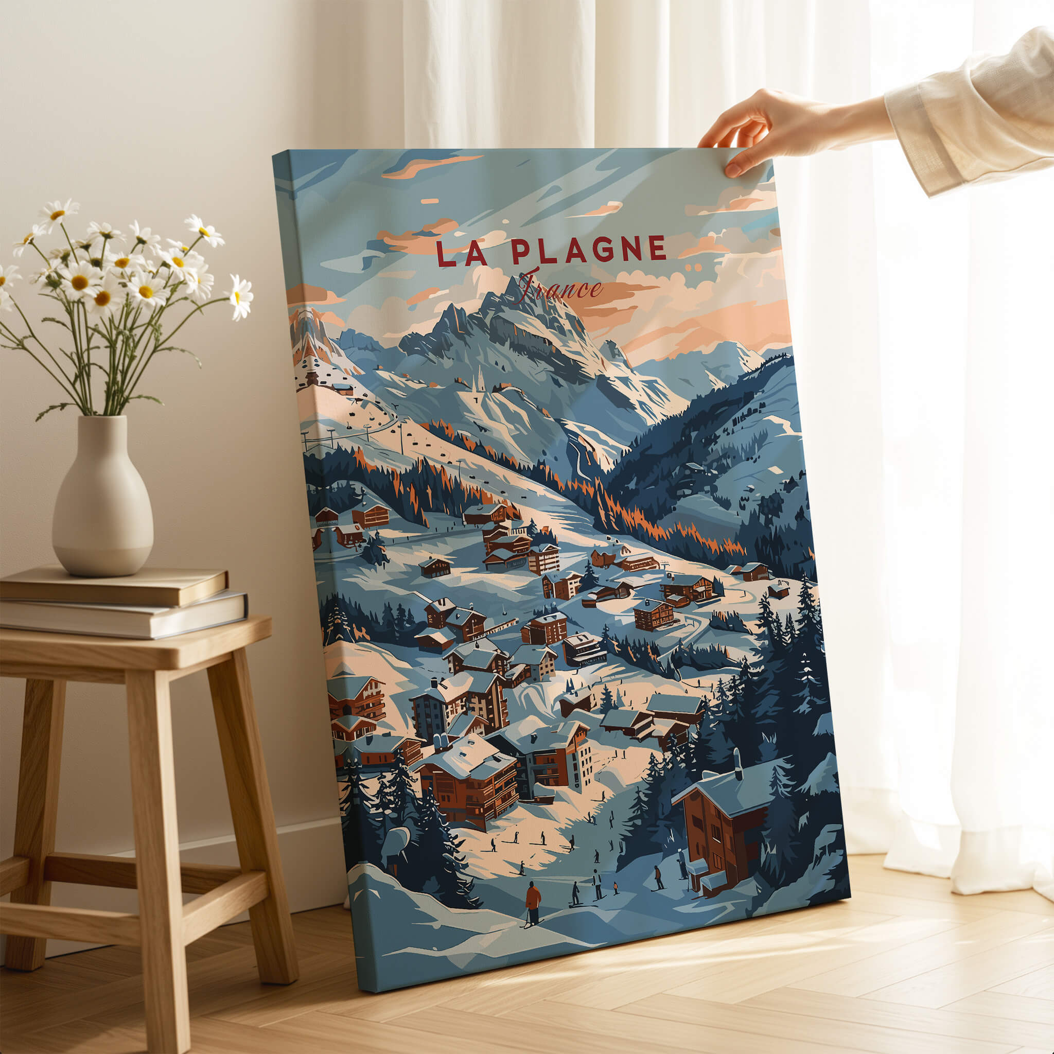 La Plagne Ski Poster showcasing the picturesque slopes and charming village in a beautiful winter landscape.