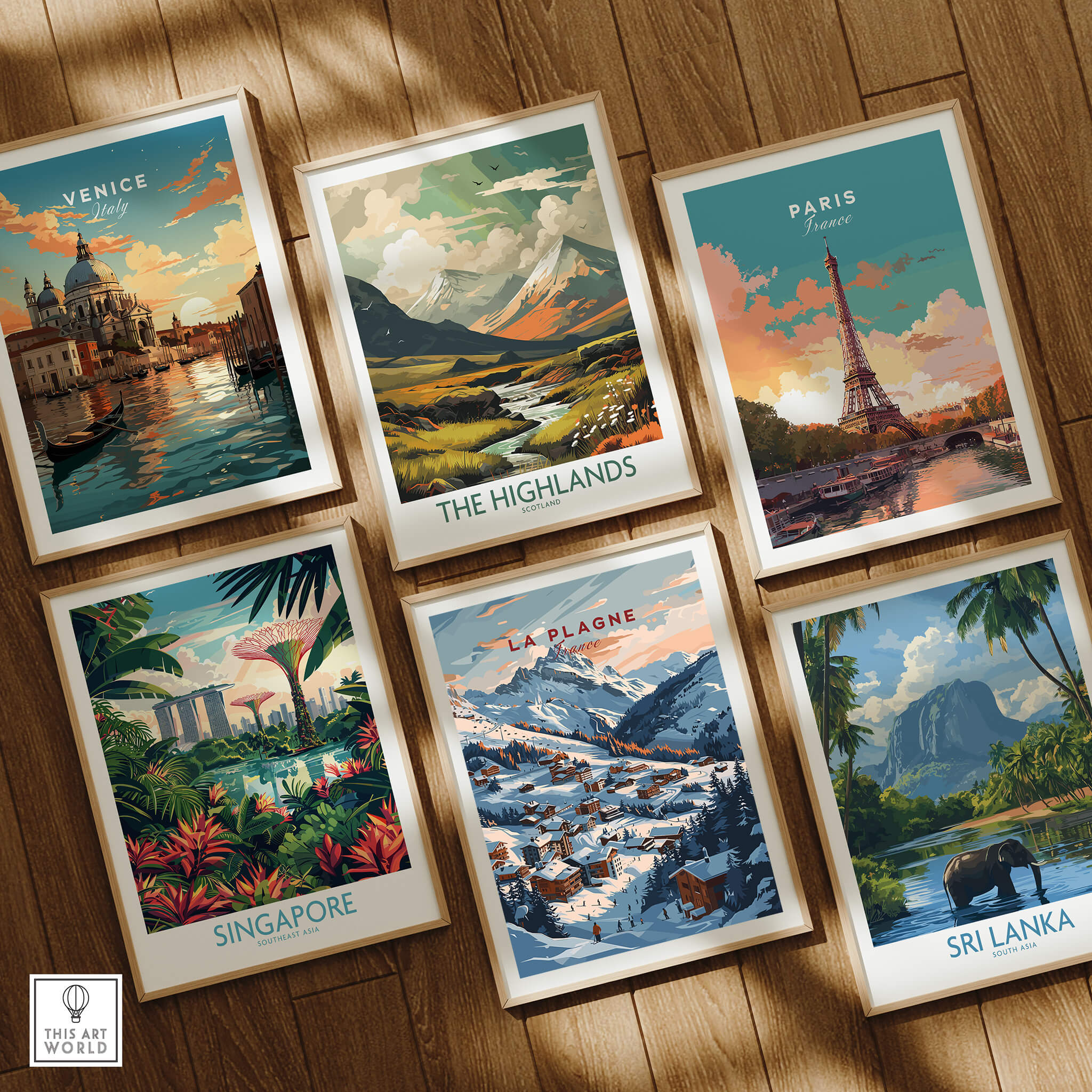 La Plagne Ski Poster among travel art prints featuring Venice, Paris, The Highlands, Singapore, and Sri Lanka.