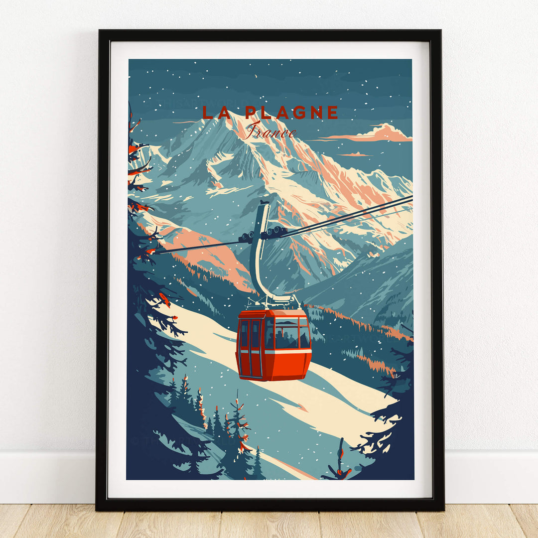 La Plagne Ski - Wall Art Print featuring a vibrant gondola against snow-capped mountains for adventurous home decor.