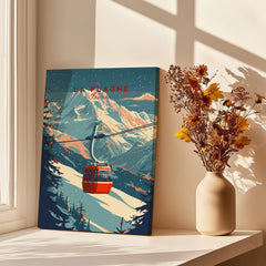 La Plagne Ski - Wall Art Print featuring a red gondola in a scenic mountain backdrop.