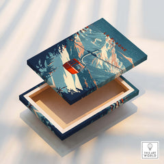 La Plagne Ski - Wall Art Print showcasing a landscape with a red ski gondola and snow-capped mountains.