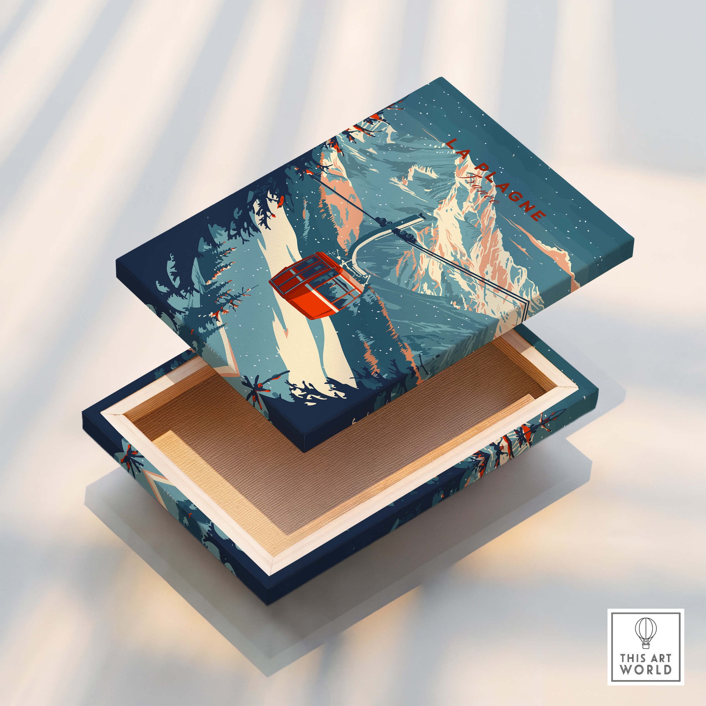 La Plagne Ski - Wall Art Print showcasing a landscape with a red ski gondola and snow-capped mountains.