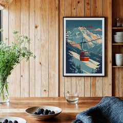 La Plagne Ski - Wall Art Print depicting a scenic gondola in snowy mountains, adding adventure to home decor.