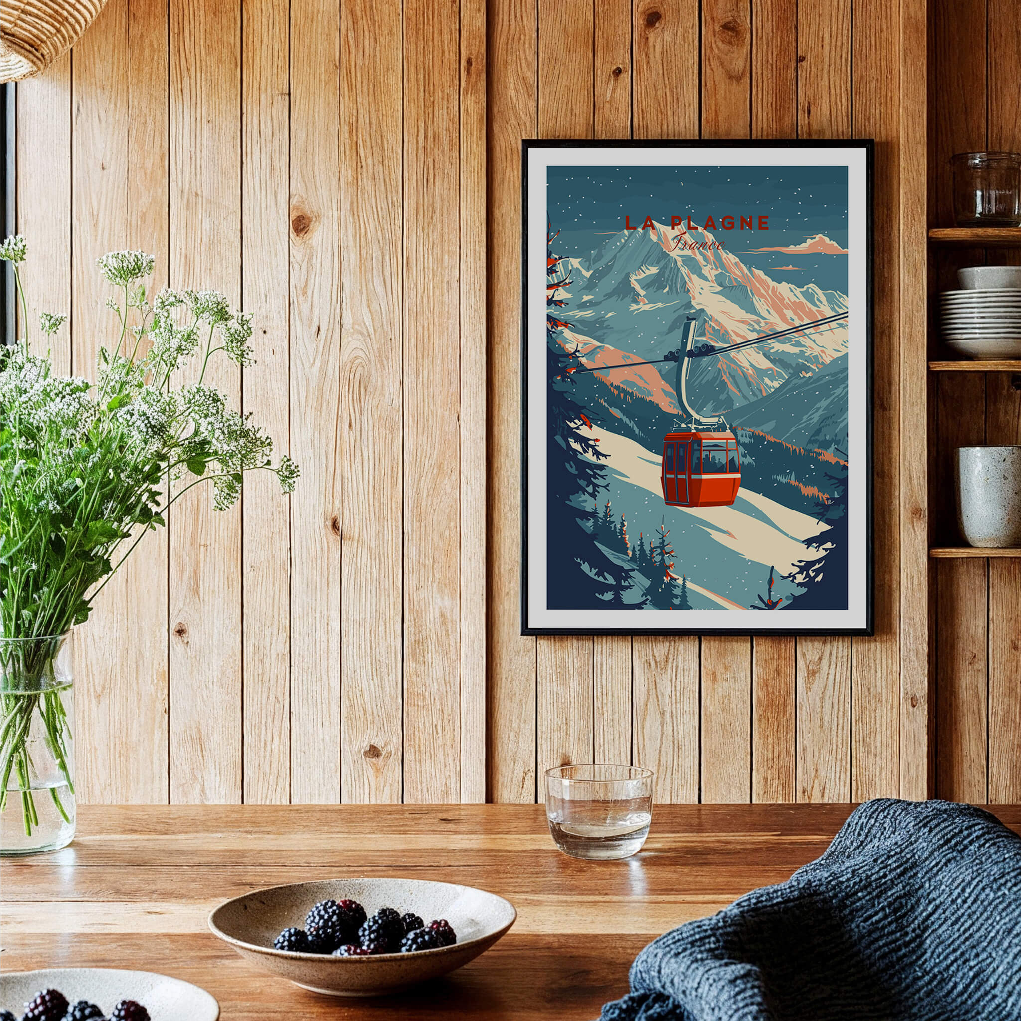 La Plagne Ski - Wall Art Print depicting a scenic gondola in snowy mountains, adding adventure to home decor.