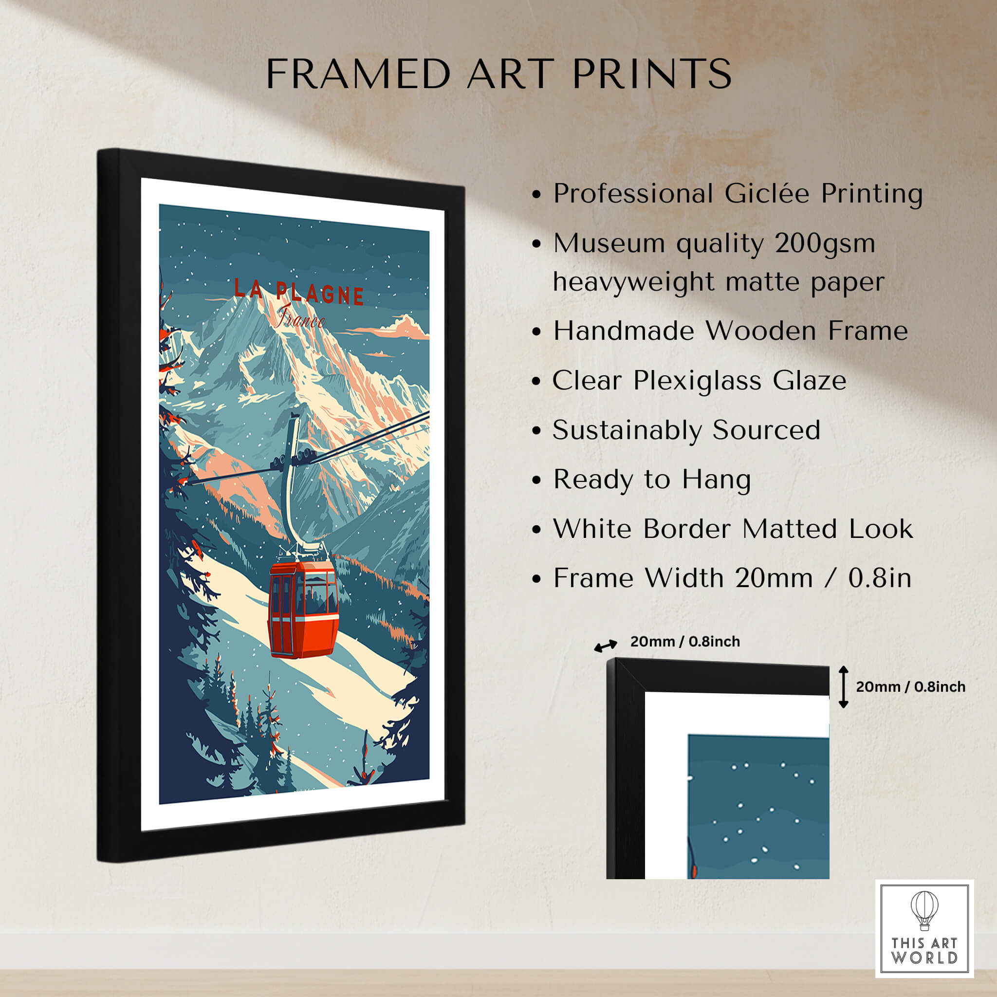 La Plagne Ski - Wall Art Print featuring a framed design with a mountain scene and ski gondola.