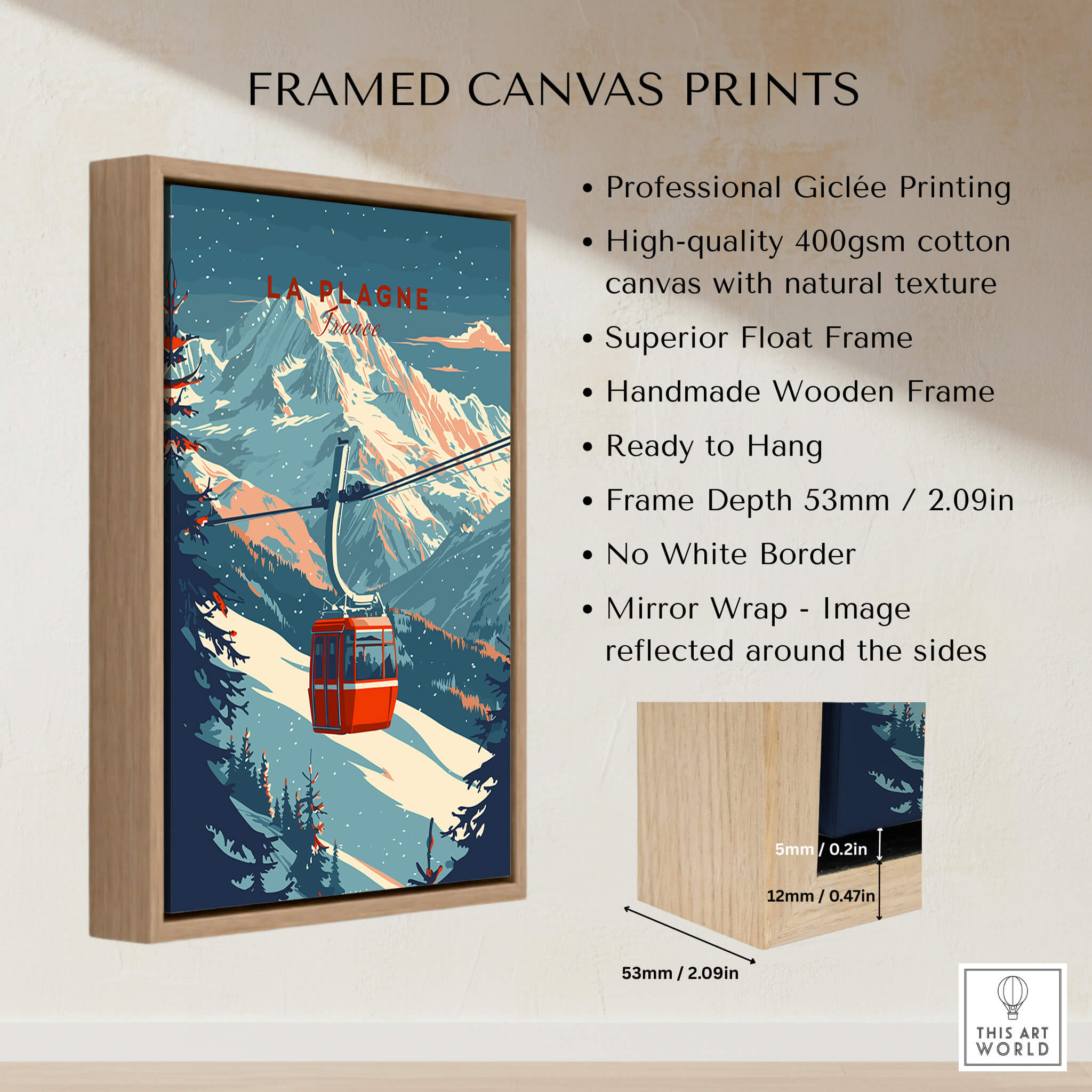 La Plagne Ski - Wall Art Print featuring a stunning mountain landscape and ski lift in a framed canvas print.
