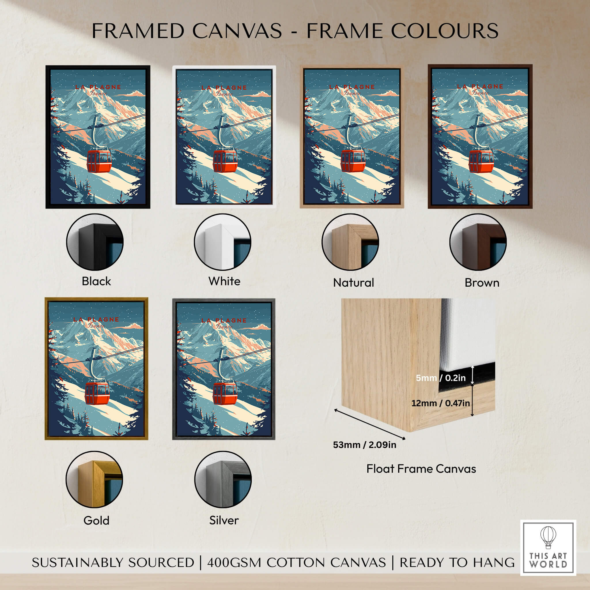 Framed canvas wall art print showcasing frame color options: Black, White, Natural, Brown, Gold, Silver.