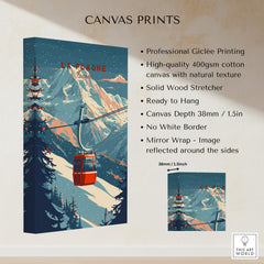 La Plagne Ski - Wall Art Print featuring a vintage ski gondola and snowy mountains.