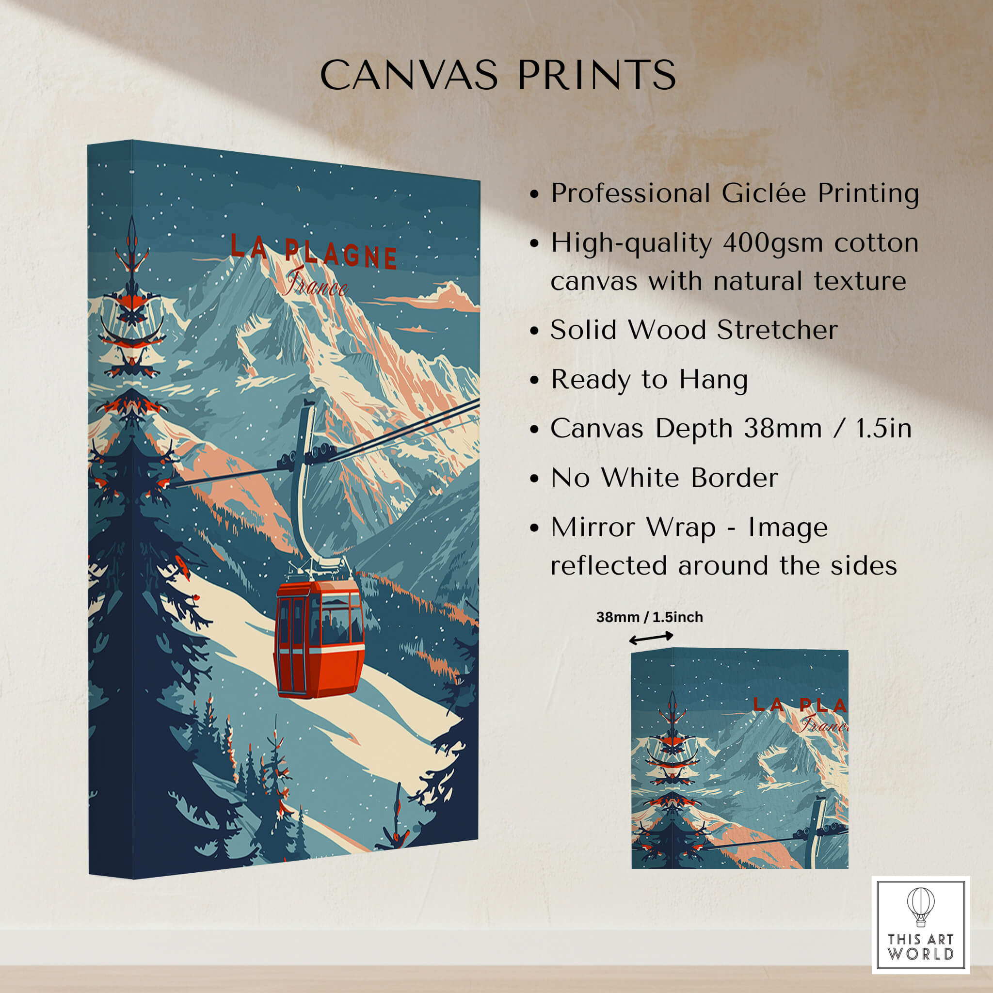 La Plagne Ski - Wall Art Print featuring a vintage ski gondola and snowy mountains.