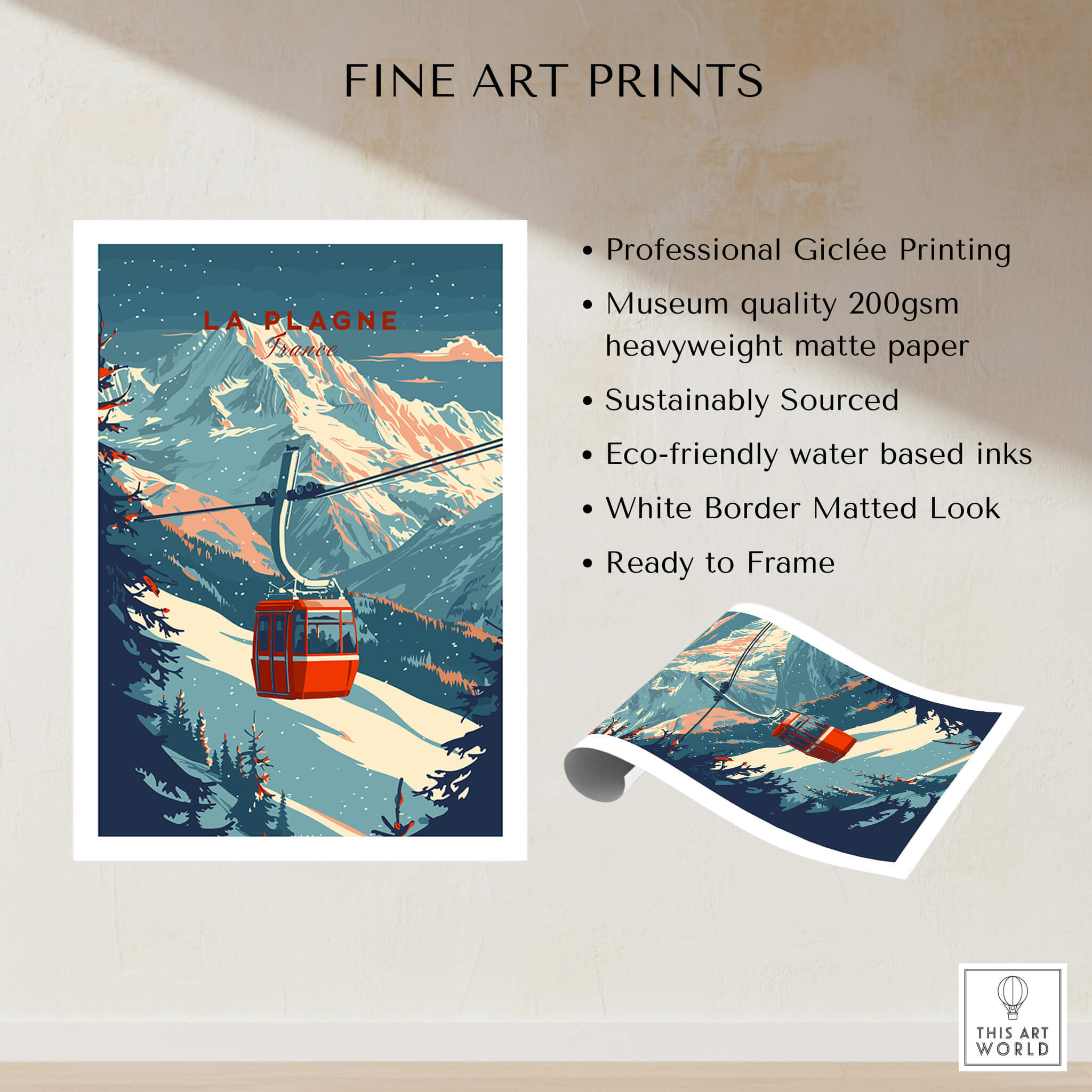 La Plagne Ski - Wall Art Print featuring a gondola against snow-capped mountains in vibrant colors.