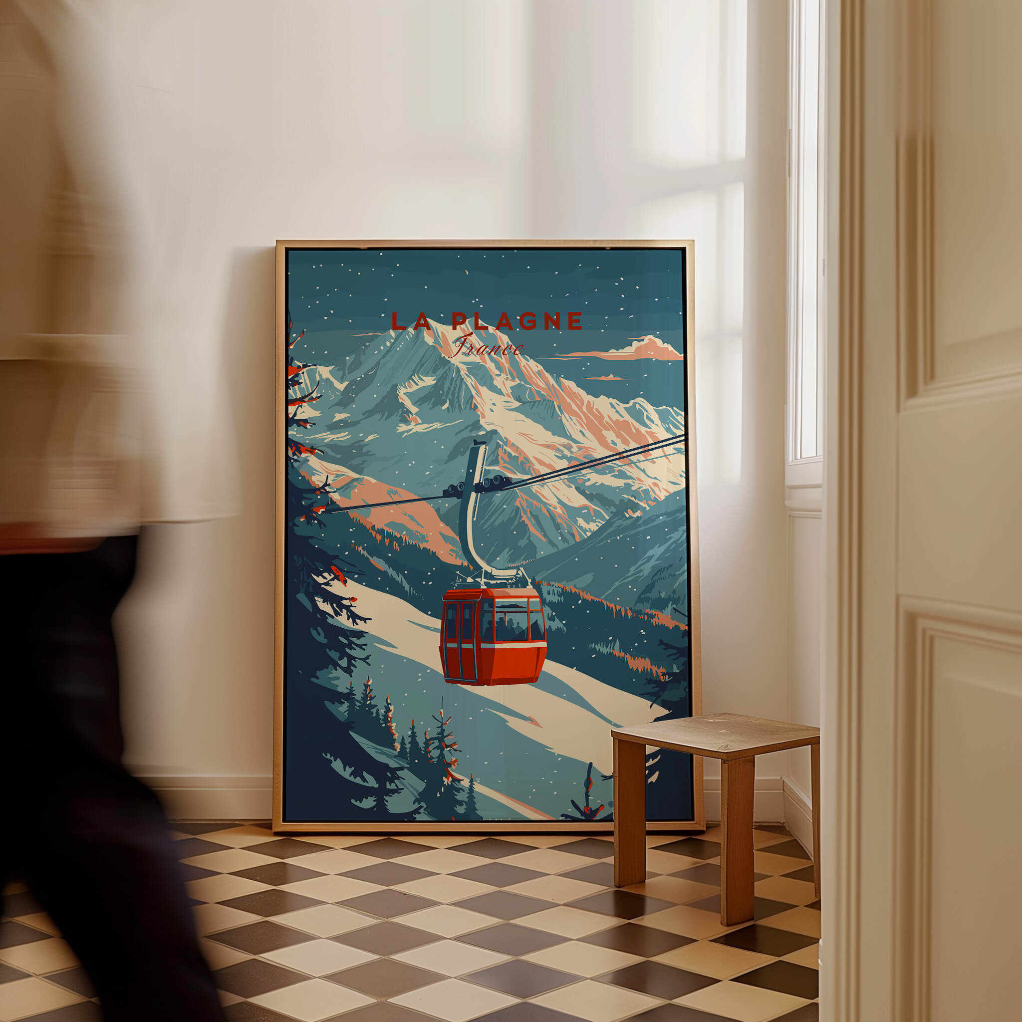La Plagne Ski - Wall Art Print featuring a ski gondola and snow-covered mountains in a stylish interior setting.