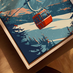 La Plagne Ski - Wall Art Print featuring a vibrant red gondola in the snow-capped mountains landscape.