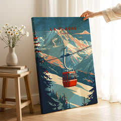 La Plagne Ski - Wall Art Print featuring a gondola against majestic snow-capped mountains.