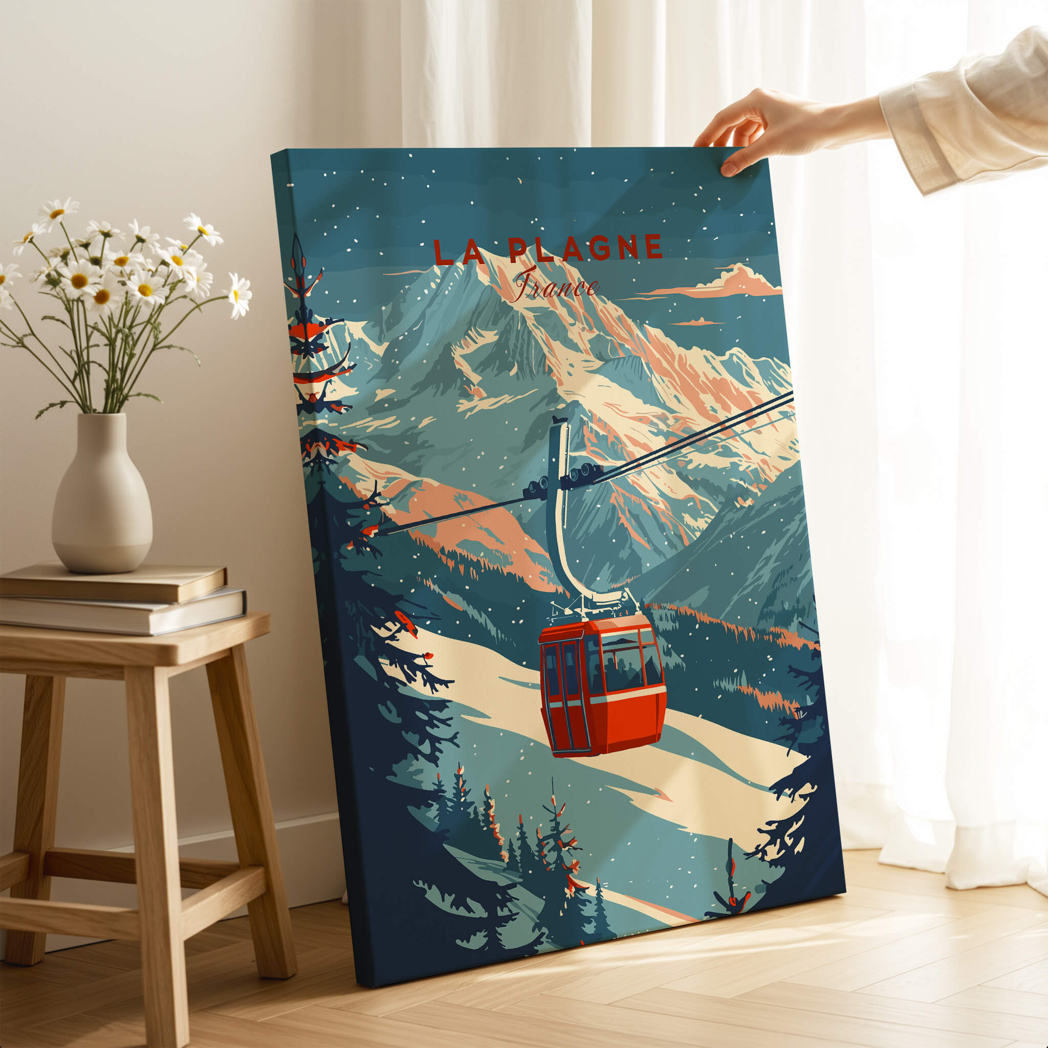 La Plagne Ski - Wall Art Print featuring a gondola against majestic snow-capped mountains.