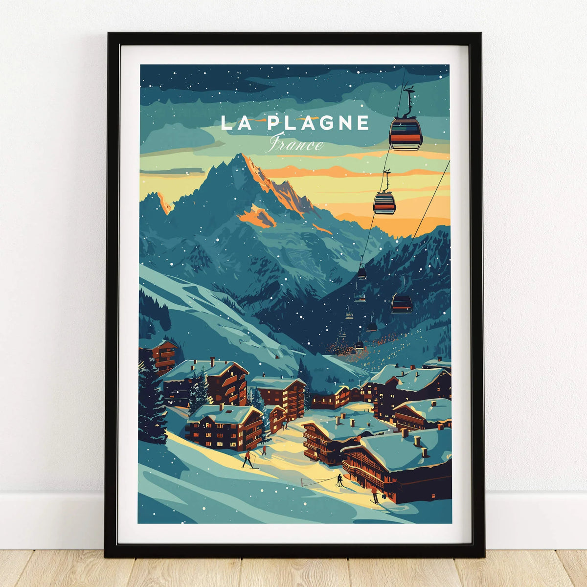 La Plagne Print France vibrant ski poster featuring mountain landscape and ski cabins in winter setting.